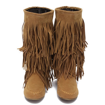 Les femmes glands couches de franges bottes à talons plats décoration mi-mollet chaussures 